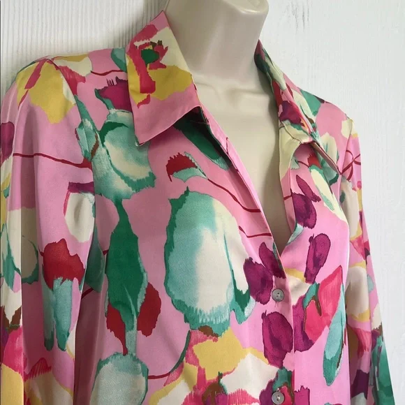 Zara - Bright Colorful Floral Satin Effect Button Down Long Sleeve Blouse Size S - Picture 4 of 9